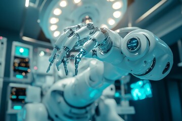 Fototapeta premium Advanced robotic arm in a futuristic laboratory performing precision tasks during research development