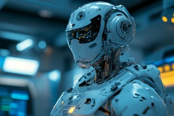 Futuristic humanoid robot in a high-tech laboratory setting during late evening hours