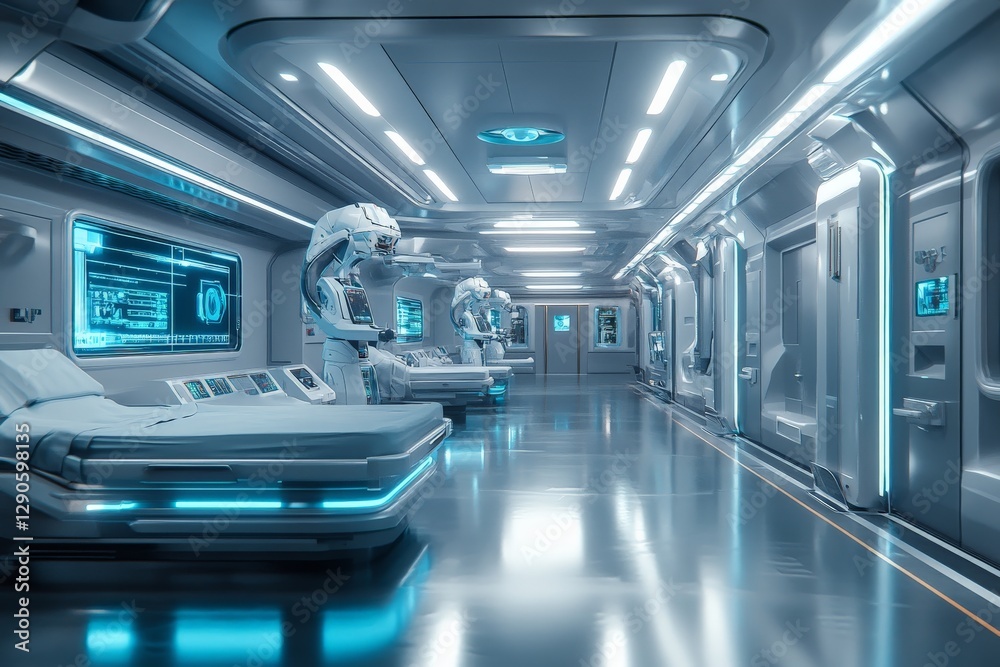Poster modern futuristic hospital with advanced technology and robotic assistance in a sterile environment