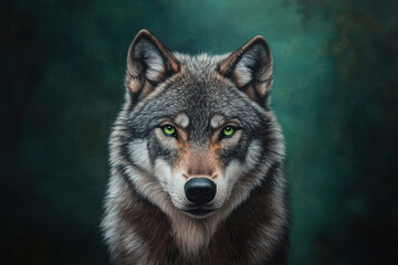 Fototapeta premium Majestic dark grey wolf with striking green eyes, set against deep forest backdrop, exuding sense of mystery and wild beauty
