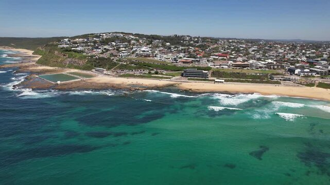 Merewether Ocean Baths And Beach In New South Wales, Australia - Aerial Shot