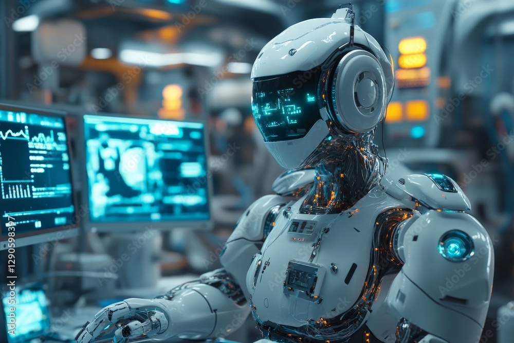 Leinwandbilder robot works at a futuristic control station surrounded by advanced technology in a high-tech environ