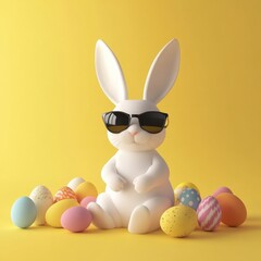 Colorful Easter bunny with sunglasses and eggs on yellow background