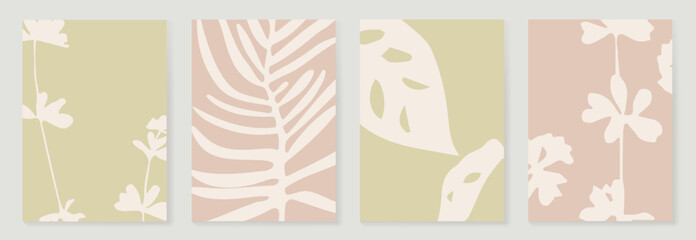 Set of abstract foliage poster vector. Leaves, flower, organic shapes, earth tone colors, leaf branch. Illustration design for Eco packaging, interior, cover, wall art, wallpaper, market.