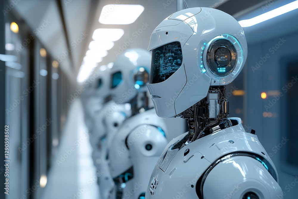 Leinwandbilder advanced robotic figures lined in a futuristic environment showcasing cutting-edge technology and de