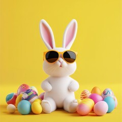 Colorful Easter bunny with sunglasses and eggs on yellow background