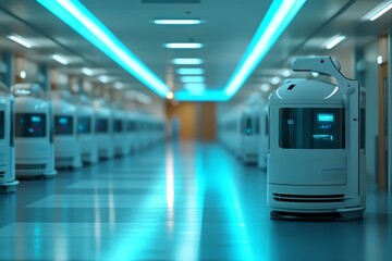 Robots navigating a modern corridor in a high-tech building during the evening hours