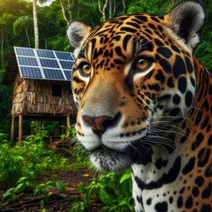 Obraz premium In a vibrant green rainforest, a stunning jaguar stands majestically, observing its surroundings near a rustic shelter adorned with solar panels. The sun casts a warm glow
