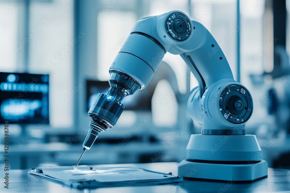 Poster Robotic arm performing precise tasks in a modern laboratory setting during daytime hours
