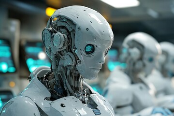 Robots displayed in a futuristic laboratory setting showcasing advanced technology and design