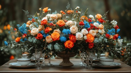 Vibrant floral centerpiece on rustic wooden table in garden setting