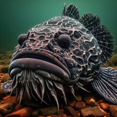 Obraz premium Beneath the surface of a tranquil river, an extraordinary fish rests on a stony bed, its intricate patterns illuminated by fading sunlight, showcasing nature's artistry