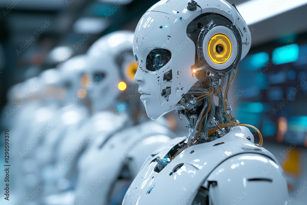 Leinwandbilder Robotic figures showcase advanced technology in a futuristic workshop during a daytime demonstration of AI capabilities