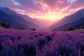 Obraz premium Breathtaking Lavender Field at Sunset with Vibrant Purple Flowers Stretching Across Rolling Hills, Framed by Majestic Mountains Under a Stunning Sky with Golden Light