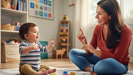 A cozy and engaging scene of a parent talking to their baby, nurturing early language skills. The baby, around six months old, is sitting on a soft play mat, looking at their parent with curiosity