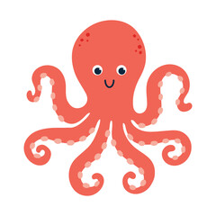 Kawaii red octopus character, big round eyes, wide, smiling face, cheerful expression. Cute sea animal with soft, rounded features. Naive cartoon vector illustration, ideal for childrens designs