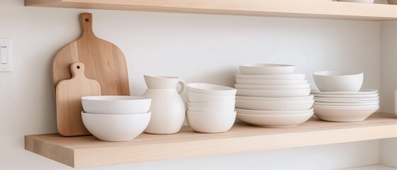 Wooden shelf attached to a white wall. on the shelf, there are several white bowls and plates arranged neatly. the bowls are of different sizes and shapes, with some being larger and others smaller.