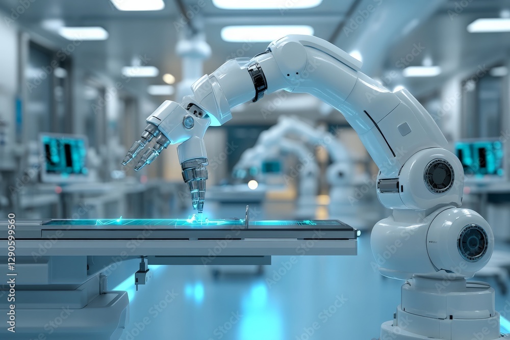 Poster Advanced robotic arm performing precision tasks in a modern laboratory setting with blue lighting