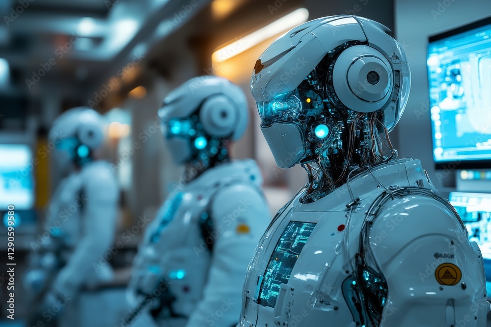 Poster Advanced humanoid robots showcase cutting-edge technology in a futuristic lab setting during daytime