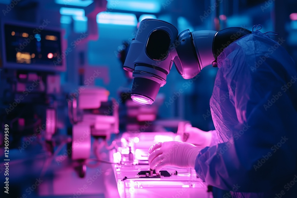 Poster laboratory technician operates a robotic arm under colorful lighting in a modern research facility