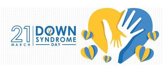 World down syndrome day - Adult and child hands hold care in yellow blue heart sign and heart paper around on dot texture background vector design