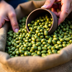 Hands scoop green olives from a burlap sack, showcasing an abundant harvest of fresh produce, highlighting the colors and textures of the olives in a warm atmosphere
