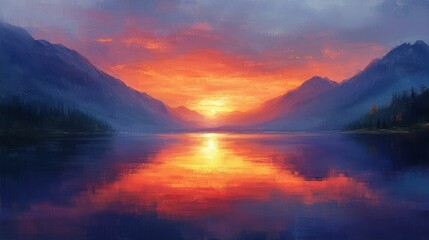Fototapeta premium Fiery sunset paints mountain lake scene