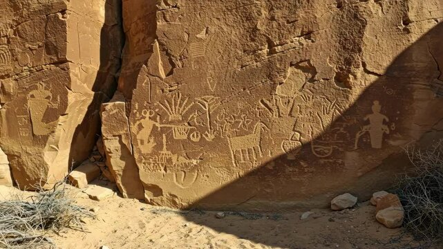 Ancient petroglyphs carved into desert rock showcasing cultural heritage