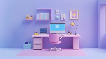 Modern Minimalist Home Office with Pastel Color Decor and Details