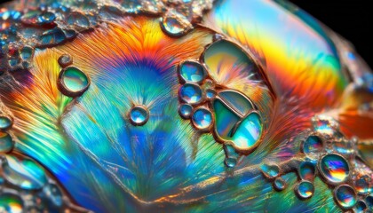Ultra macro of an opal gemstone, with iridescent colors shifting in the light, showcasing the gem’s mesmerizing play of color and intricate texture.