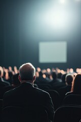 Audience engaged in presentation, illuminated by bright stage li