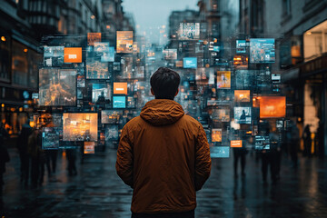 A young man stands on a city street in front of a holographic wall of virtual screens with photo and video content. A man connecting to animated stream of content