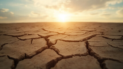 Dry lake bed with cracks under sunset sky, showcasing beauty of nature resilience. landscape evokes feelings of desolation and tranquility
