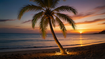 Festive Beach Sunset Palm Trees Adorned with Colorful Christmas Lights Glow at Dusk
