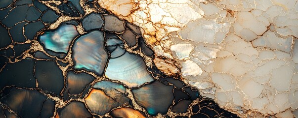 Intricate texture of iridescent abalone shell pattern with a soft neutral palette and fine art appeal