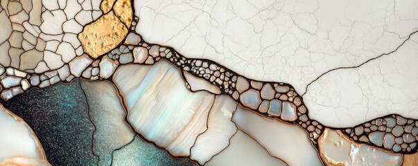 Intricate texture of iridescent abalone shell pattern with a soft neutral palette and fine art appeal
