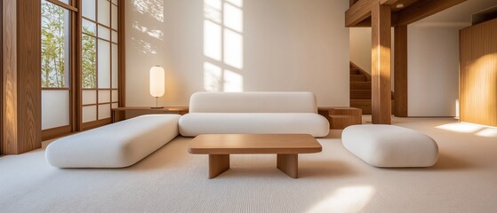 Fototapeta premium Modern living room with a minimalist design. the room has a large window on the left side, allowing natural light to enter the space.