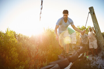 Men, obstacle course and outdoor for balance, fitness and bootcamp tire beam for endurance....