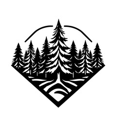 Obraz premium Pine Forest Silhouette in Diamond-Shaped Frame, with a black and white color scheme and forest.