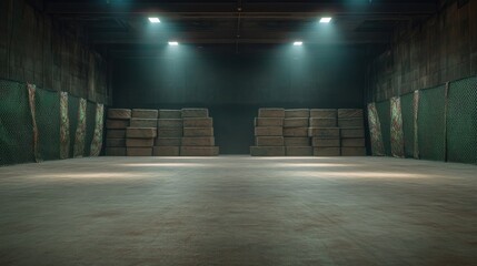 Spacious warehouse features stacked crates under dramatic lighti