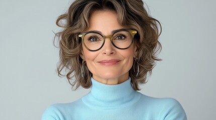 Obraz premium Woman with glasses and a blue sweater is smiling. She has a nice, friendly expression. Concept of warmth and happiness