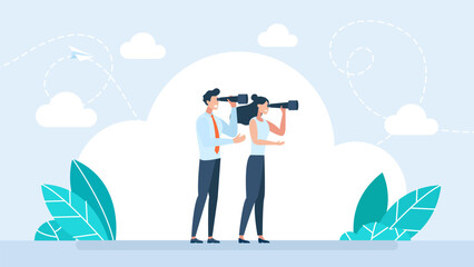 One direction. Business research and development concept. The concept of searching for opportunities, solutions. People looking to the future, choosing direction of development. Vector illustration