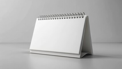 Simple desk calendar template with blank paper and spiral binding, isolated on a light gray background, showcasing clean design elements, desk accessory, blank page