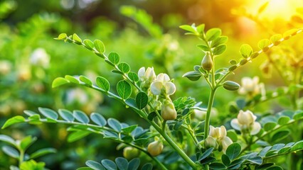 Obraz premium chickpea plants thriving in garden with green leaves, lush foliage and flowers blooming, plants, chickpeas, plants