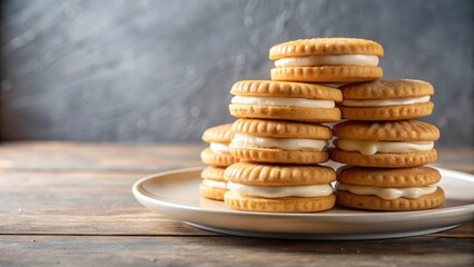 Delicious sandwich biscuits stacked on a plate with a creamy filling and glaze dripping down the sides, delicious biscuit, baked goods