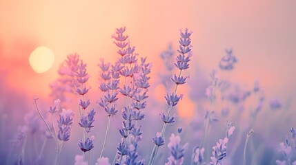 A serene lavender field bathed in warm sunset light, showcasing delicate purple flowers in a soothing atmosphere.