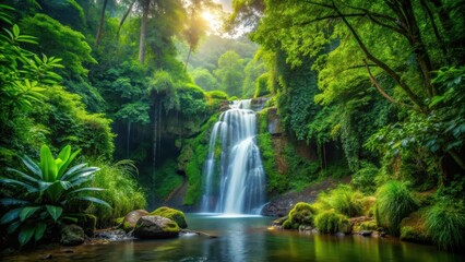 Naklejka premium Waterfall in forest surrounded by dense foliage and vibrant greenery, foliage, serenity, foliage, serenity, woods
