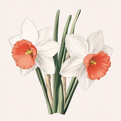 Beautifully detailed illustration of white and orange daffodils showcasing their vibrant colors and elegant shape near a light background
