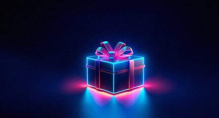 Neon gift box glows in vibrant blue and pink light on a dark surface.  A present with a bow, illuminated by neon.