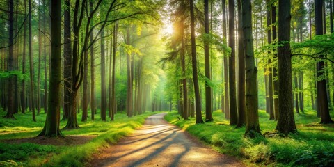 Obraz premium Breathtaking forest landscape in summer with tall trees and a winding path, green, nature, green